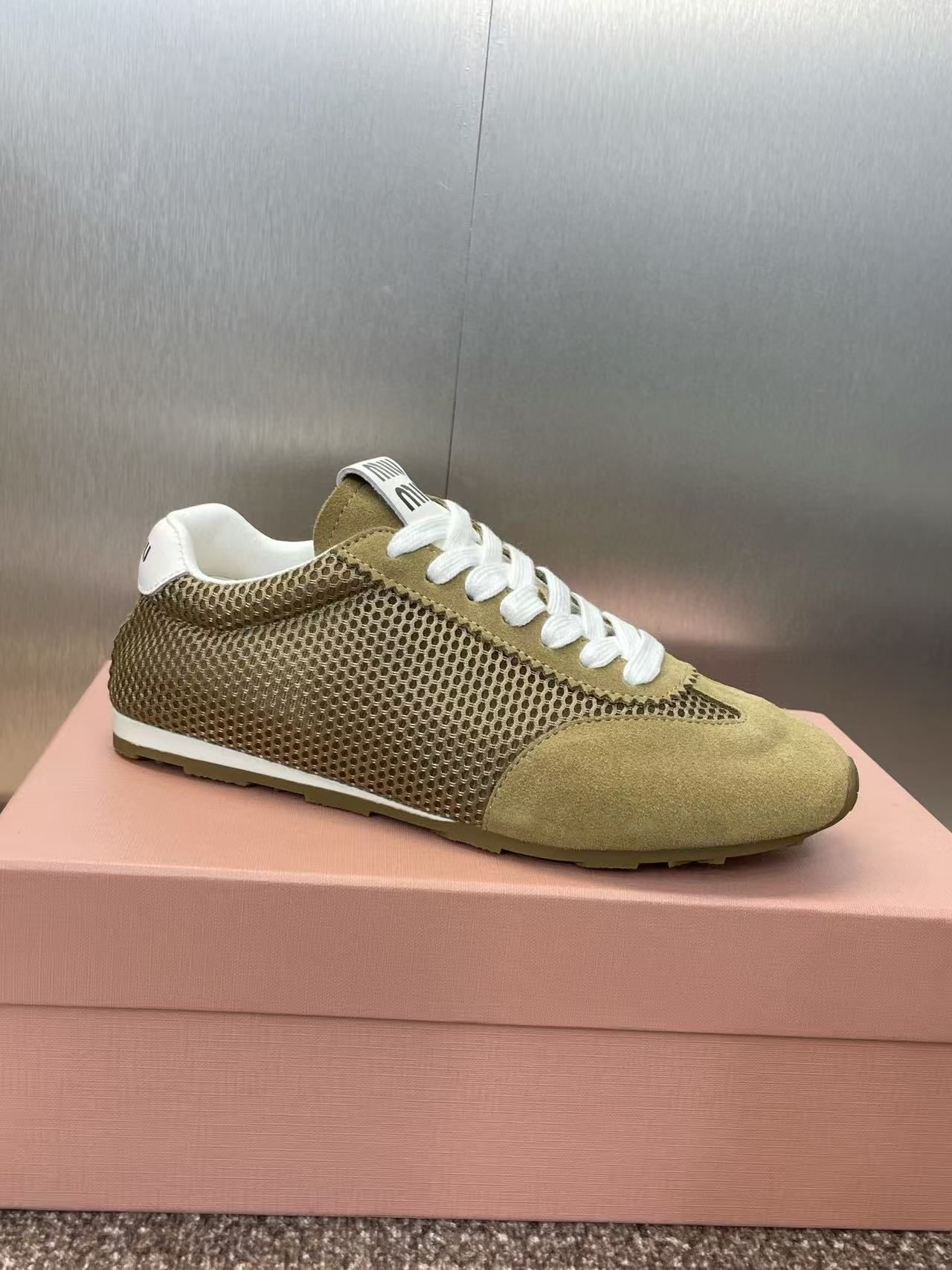 UA Miu Miu Plume mesh and suede sneakers