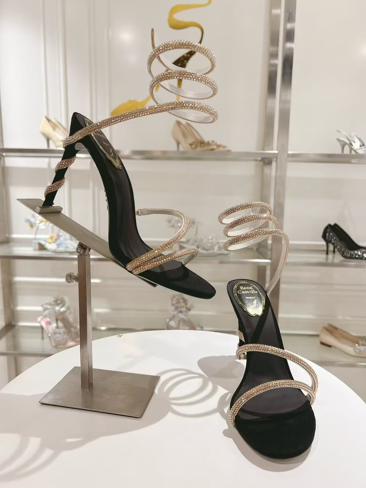 UA RENÉ CAOVILLA MARGOT BLACK JEWEL SANDALS SNAKE 95mm