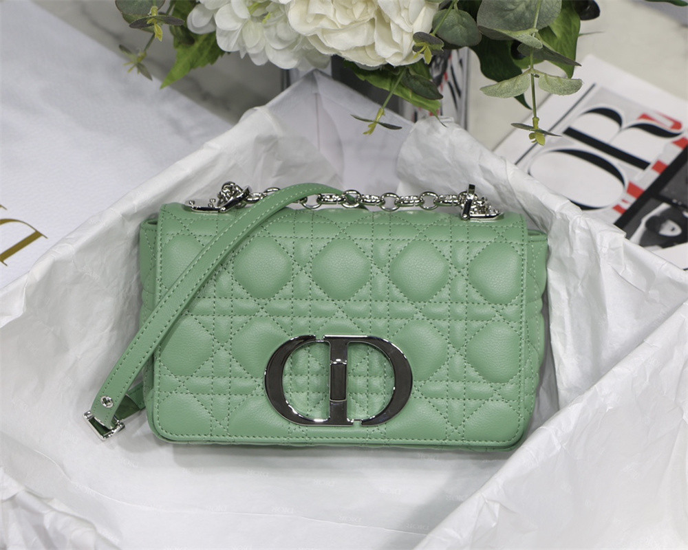 small d*or caro bag green S*pple cannage calfskin with silver hardware 20 x 12 x 7 cm