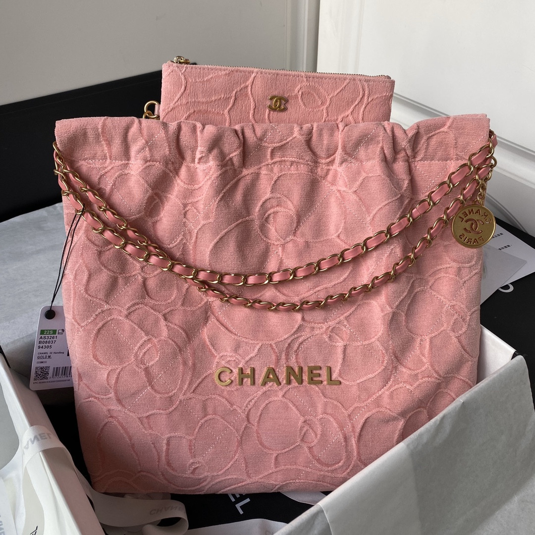 Ch*el 22 handbag velvet pink 15.2×16.4×3.1 in