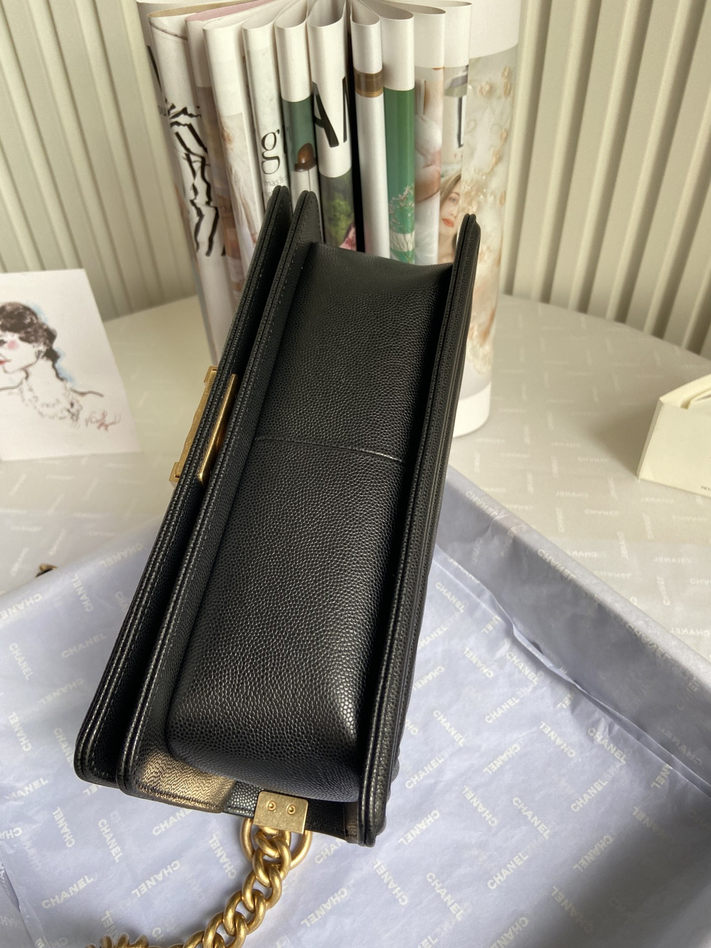 boy Ch*el handbag shiny grained calfskin black 5.9 × 9.8 × 3.5 in