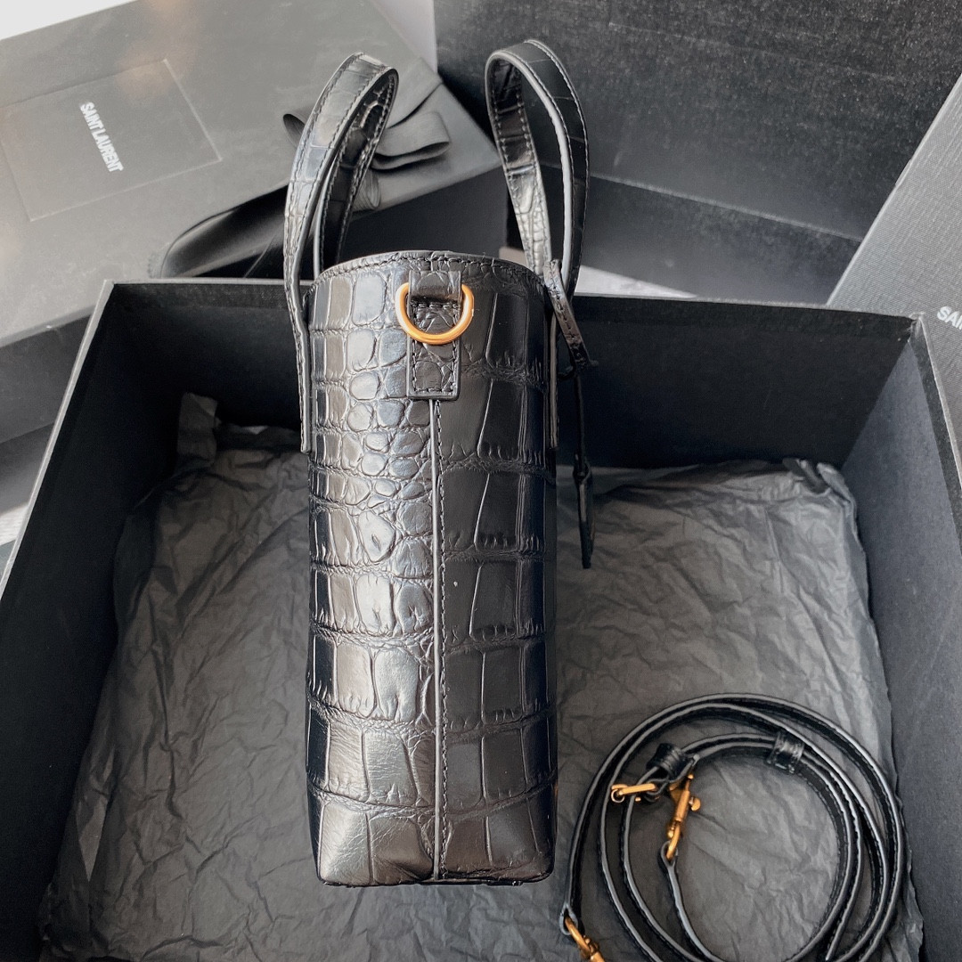 y*l Sa**t Lau*nt paris mini toy shopping in crocodile-embossed leather black 7.1 x 6.7 x 3.1 inches