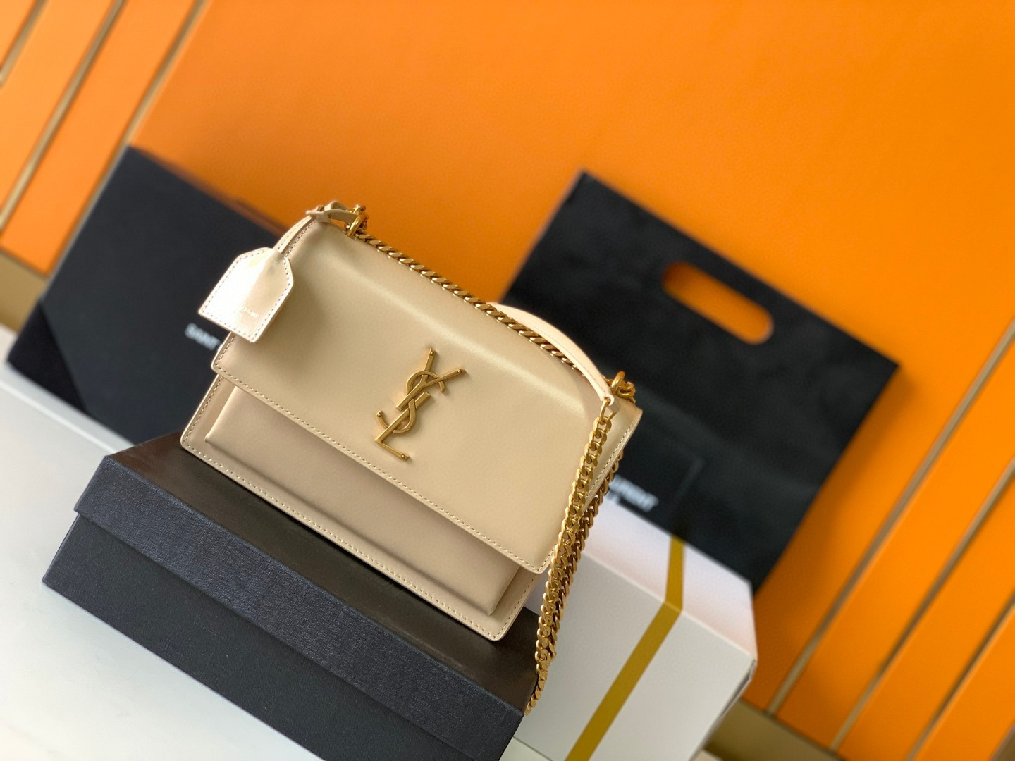 Y*L sunset medium in coated-bark leather beige 8 x 6.2 x 2.5 inches