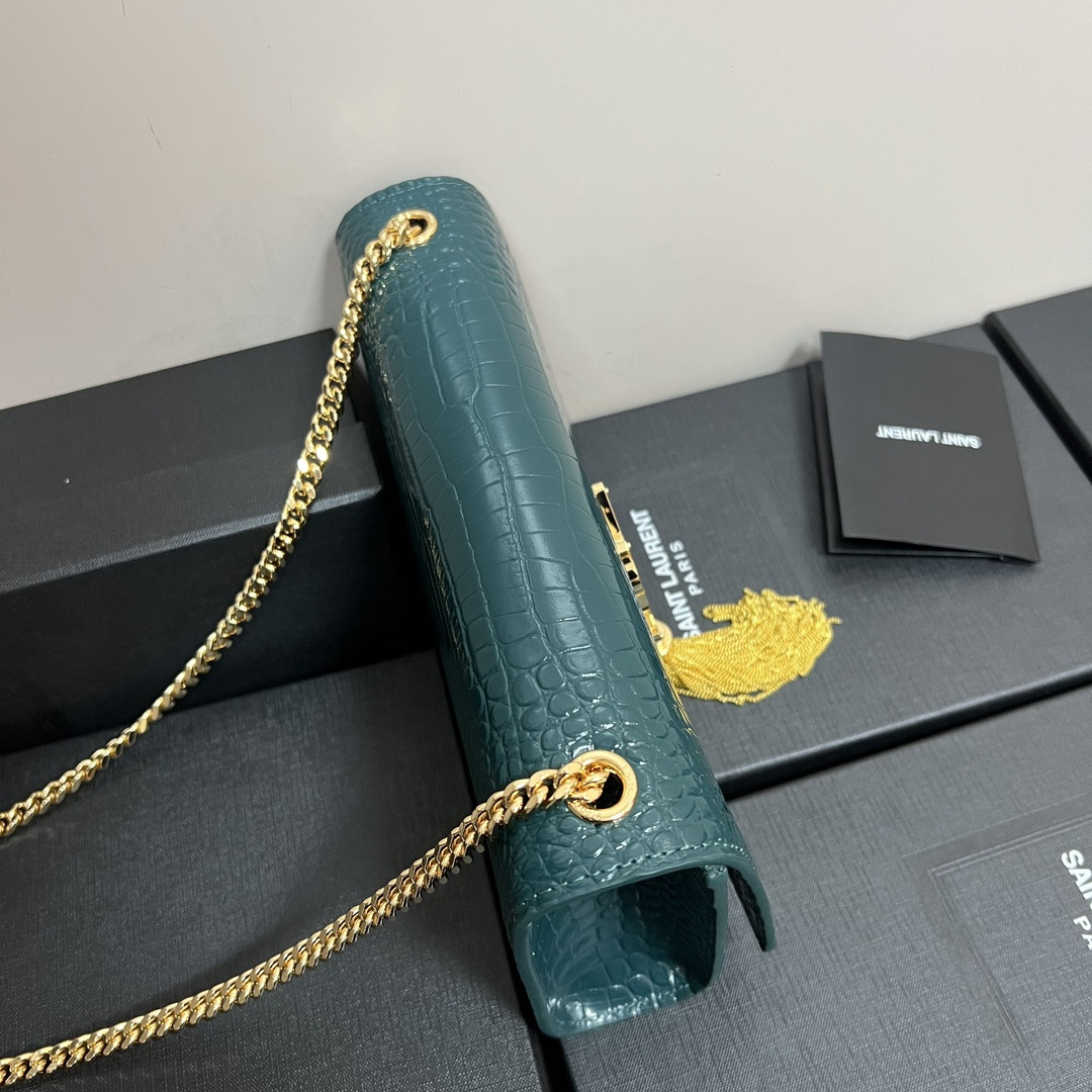 Y*L kate medium tassel in crocodile-embossed leather blue 9.4 x 5.7 x 2.1 inches