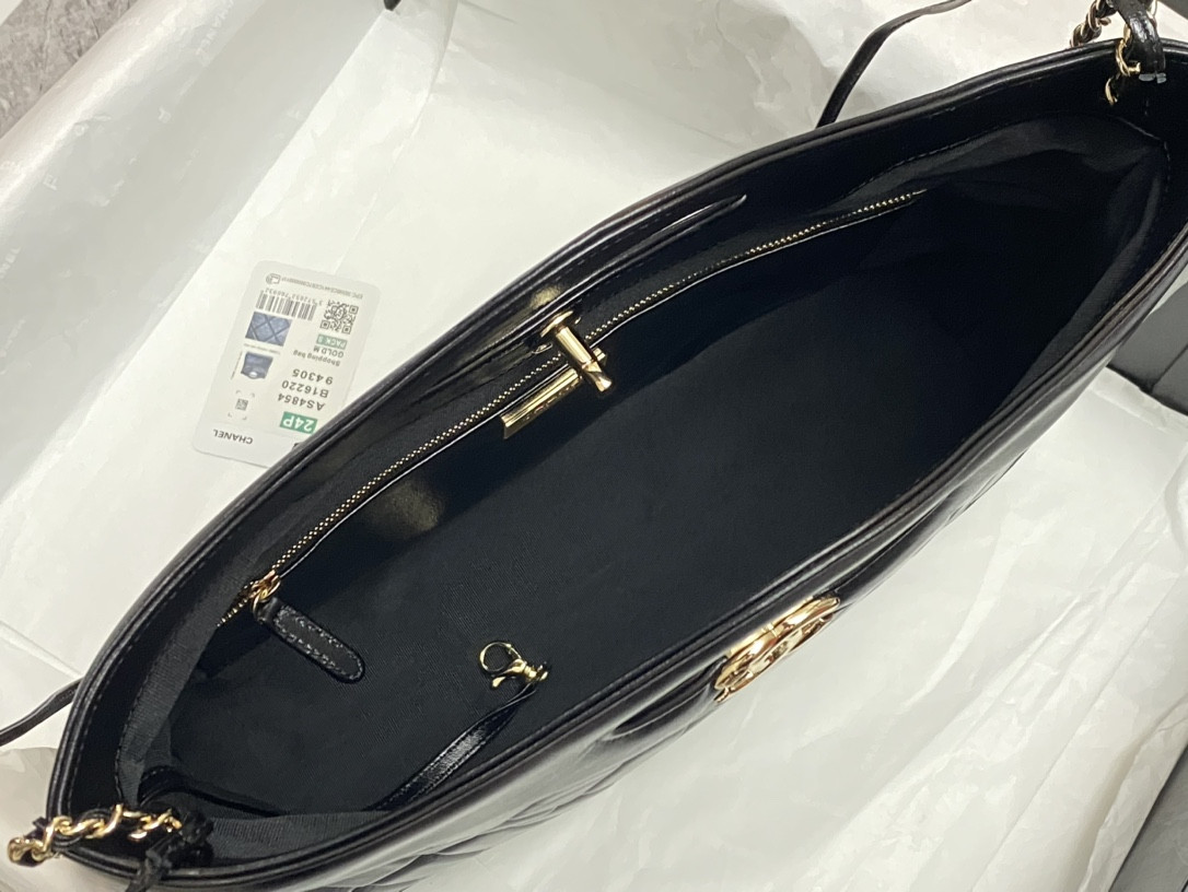 Ch*el  shopping bag shiny lambskin & gold-tone metal black 35x39x8cm