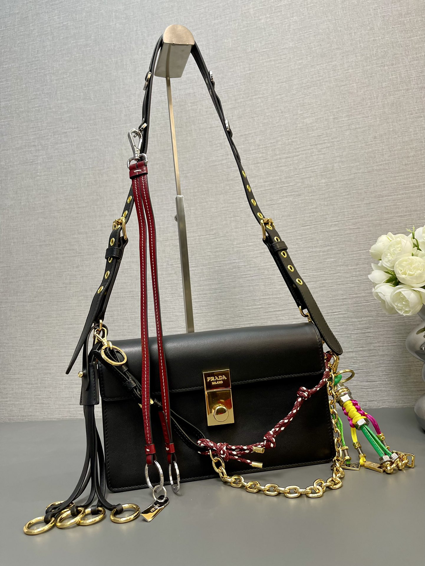 Pra*a soft sound small leather shoulder bag with charm 13.5x24x6cm