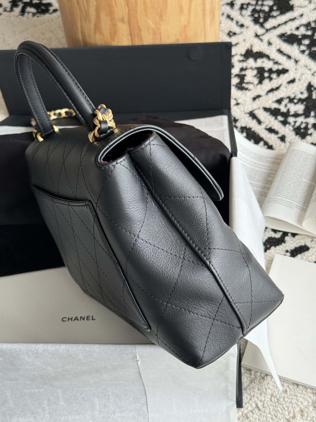 Ch*el large flap bag with top handle calfskin 20.5x28x9.5cm