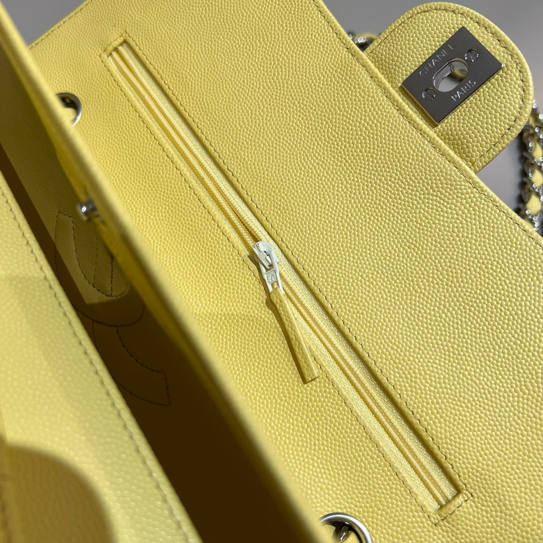 Ch**el CLASSIC HANDBAG GRAINED CALFSKIN & SILVER - TONE METAL Yellow 6×9.9×2.5in