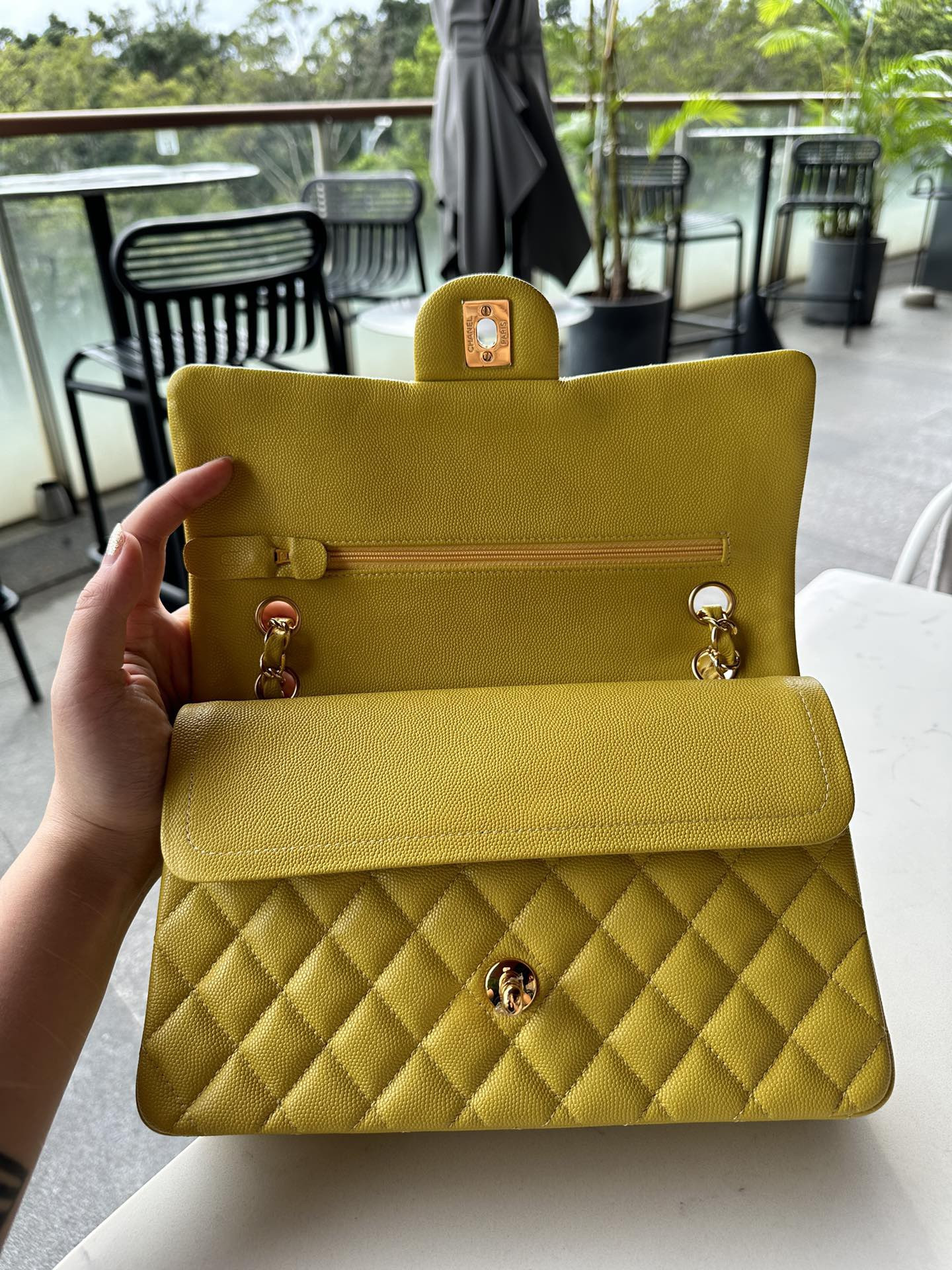 Ch**el CLASSIC HANDBAG GRAINED CALFSKIN & GOLD-TONE METAL yellow 6×9.9×2.5 in