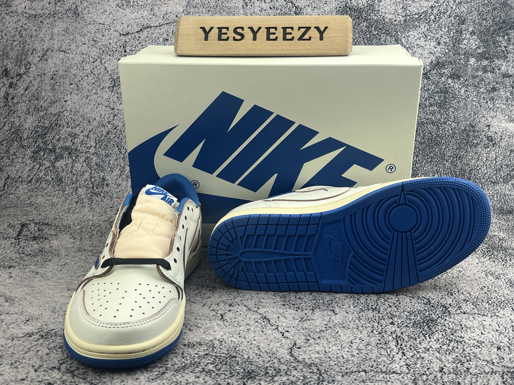 UA Air Jordan 1 Retro Low OG SP Fragment x Travis Scott Sail Military Blue