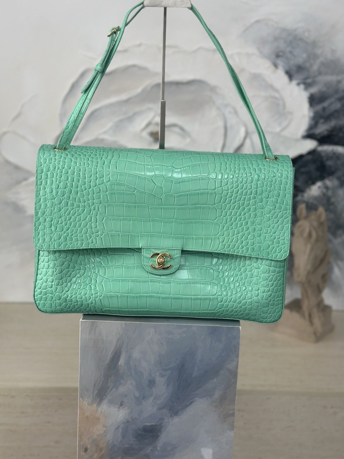 Ch**el Maxi Flap Bag Glacier Blue Gold hardware AS6233 26x38.5x11cm