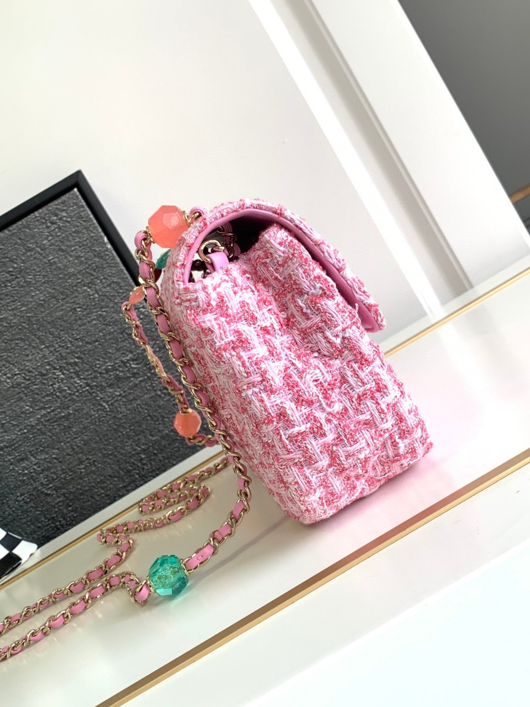 Ch**el flap bag pink tweed 14.5x18.5x6.5cm
