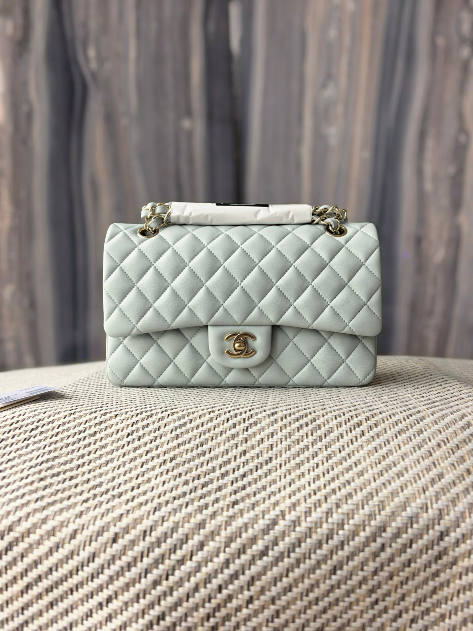 Ch**el classic flap bag light blue with light gold hardware 15.5x25.5x6.5cm