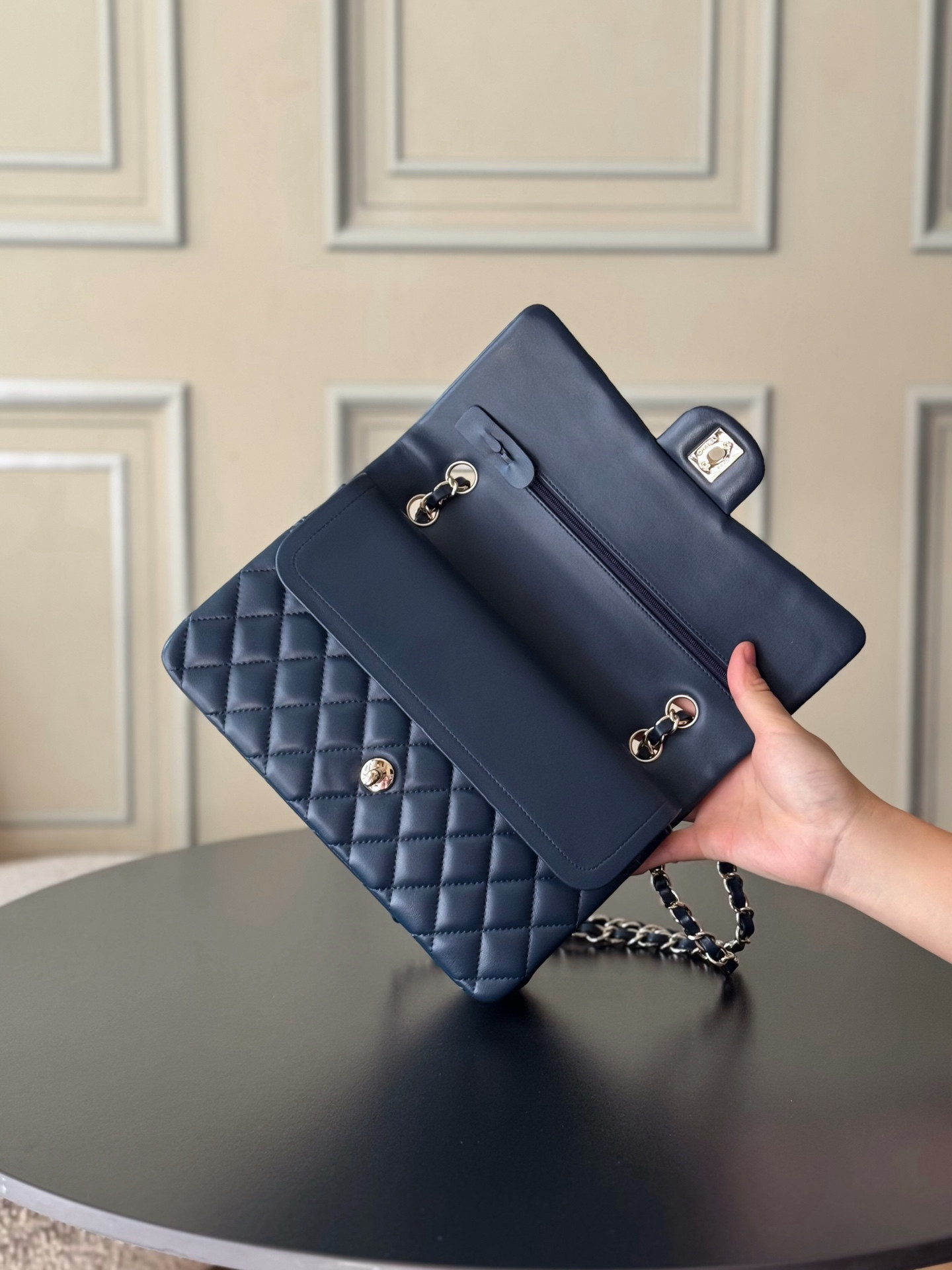 Ch**el flap bag royal blue light gold hardware 25.5x15.5x6.5cm