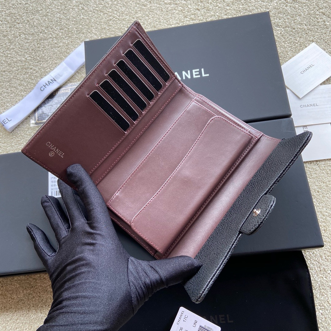 Ch**el FLAP WALLET GRAINED LEATHER BLACK 19.5 x10 cm