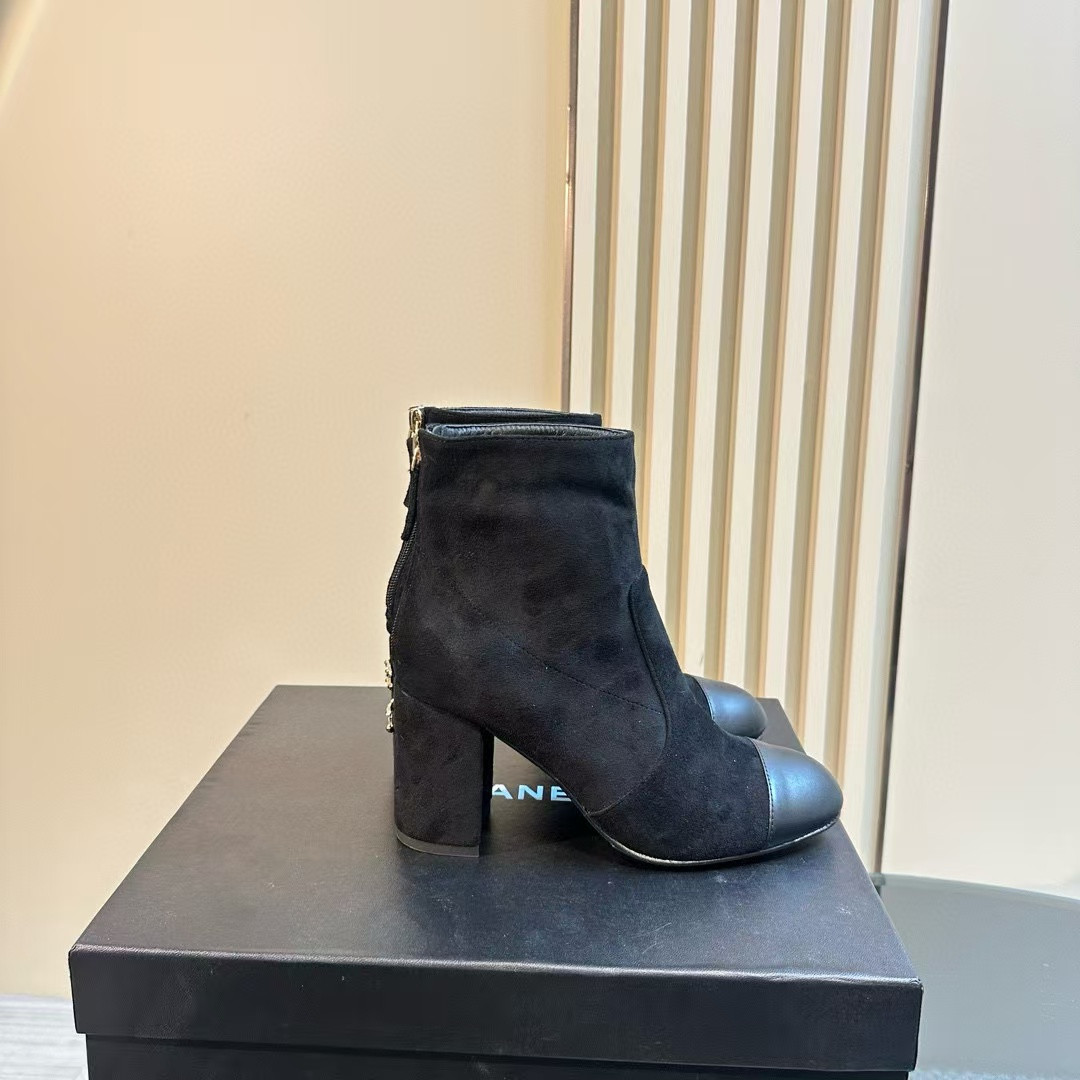 Ch**el Short Boots Suede Calfskin & Lambskin Black