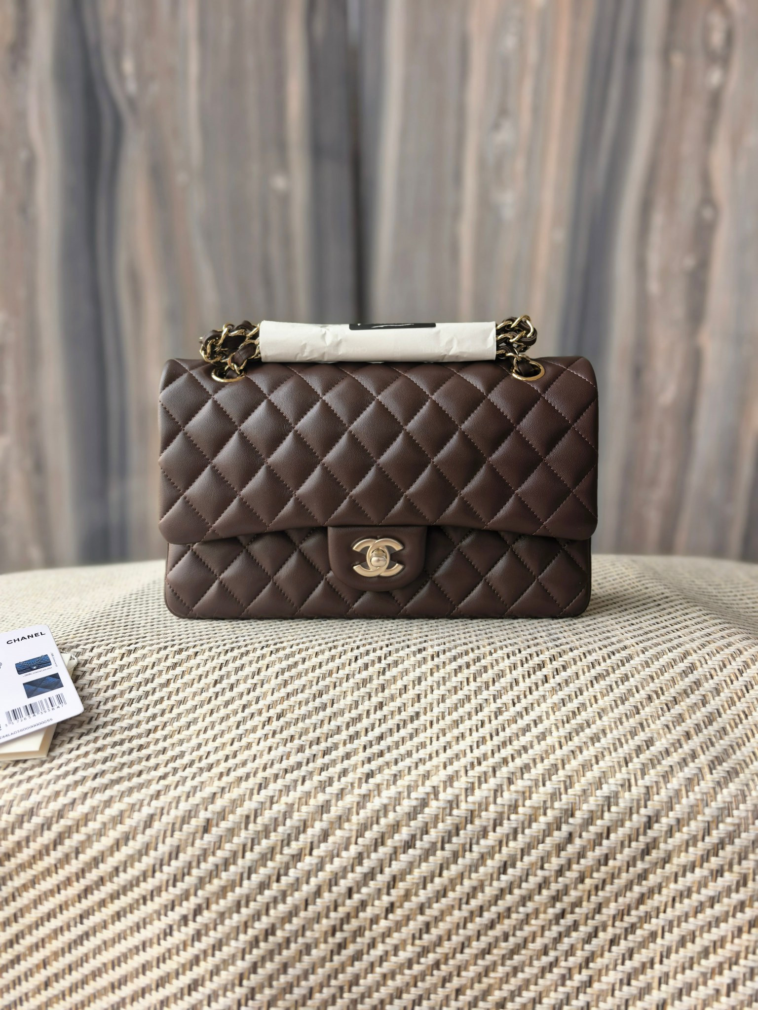 Ch**el classic flap bag coffee brown with light gold hardware 15.5x25.5x6.5cm