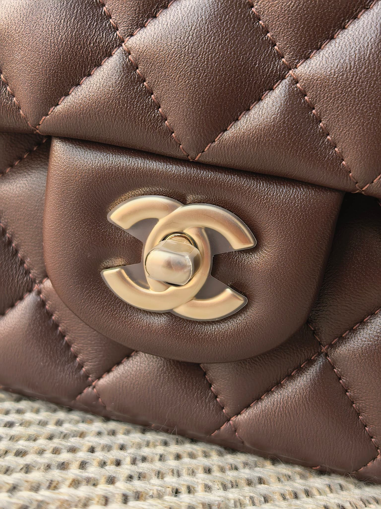 Ch**el classic flap bag coffee brown with light gold hardware 15.5x25.5x6.5cm