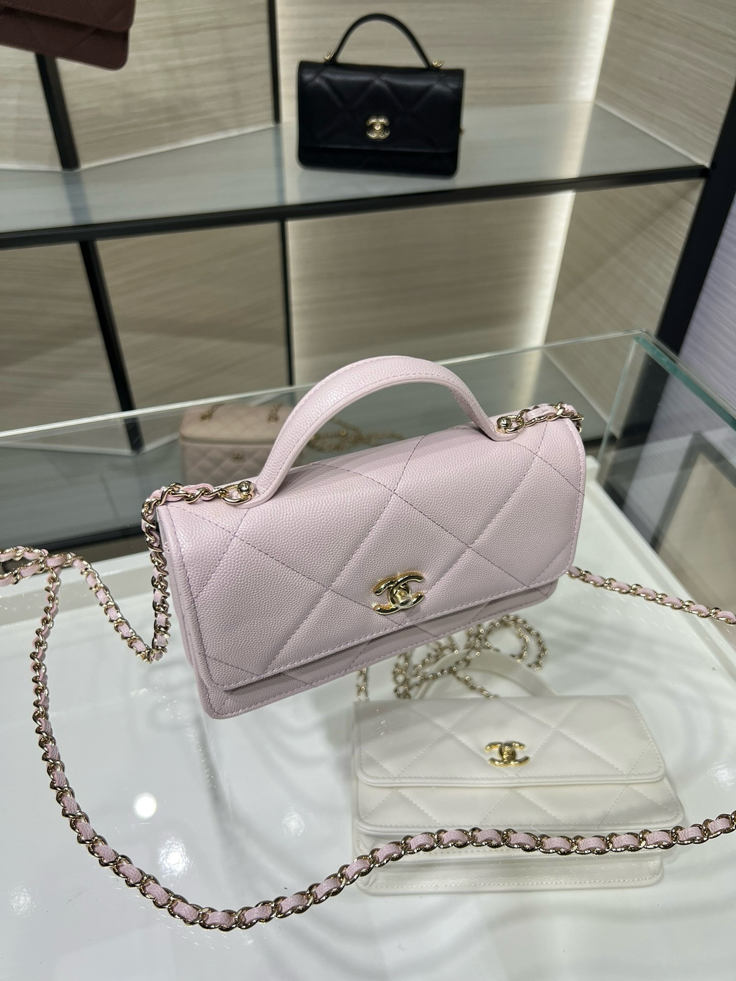 Ch**el flap bag with top handle wallet on chain 11x18.5x6cm
