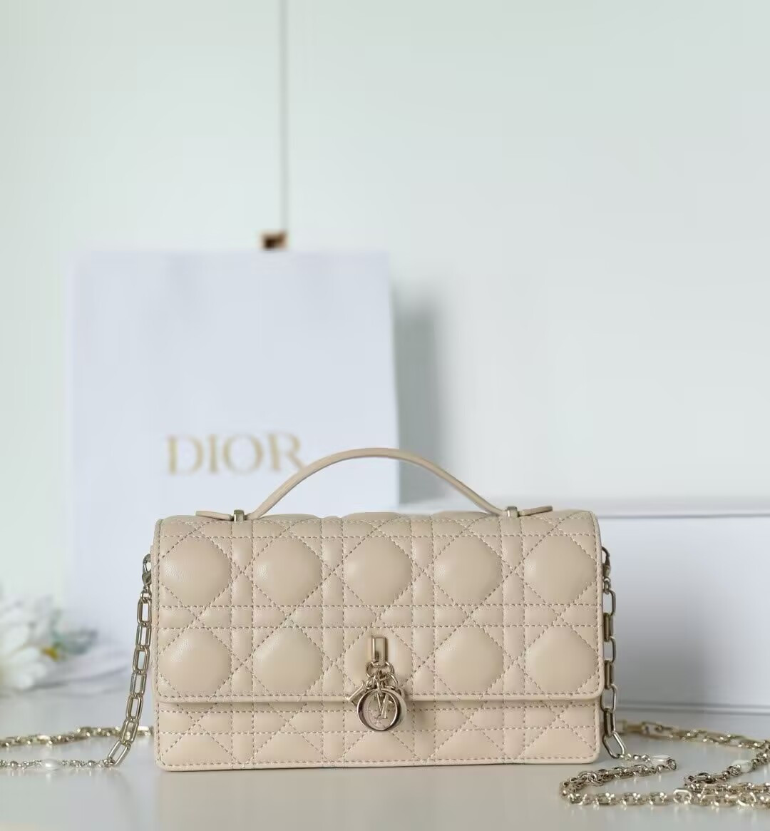 MISS D10r Mini Handbag Beige Cannage Woven Pattern Lambskin 21 x 11.5 x 4.5 cm