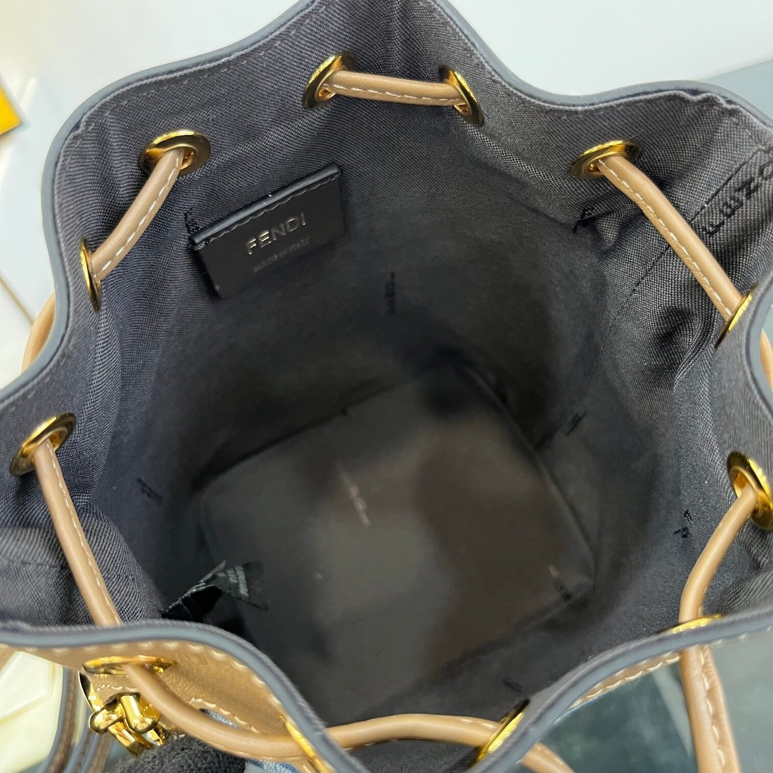 F**di Mon Tresor Mini Ff Denim Fabric Bucket Bag 18x12x10cm