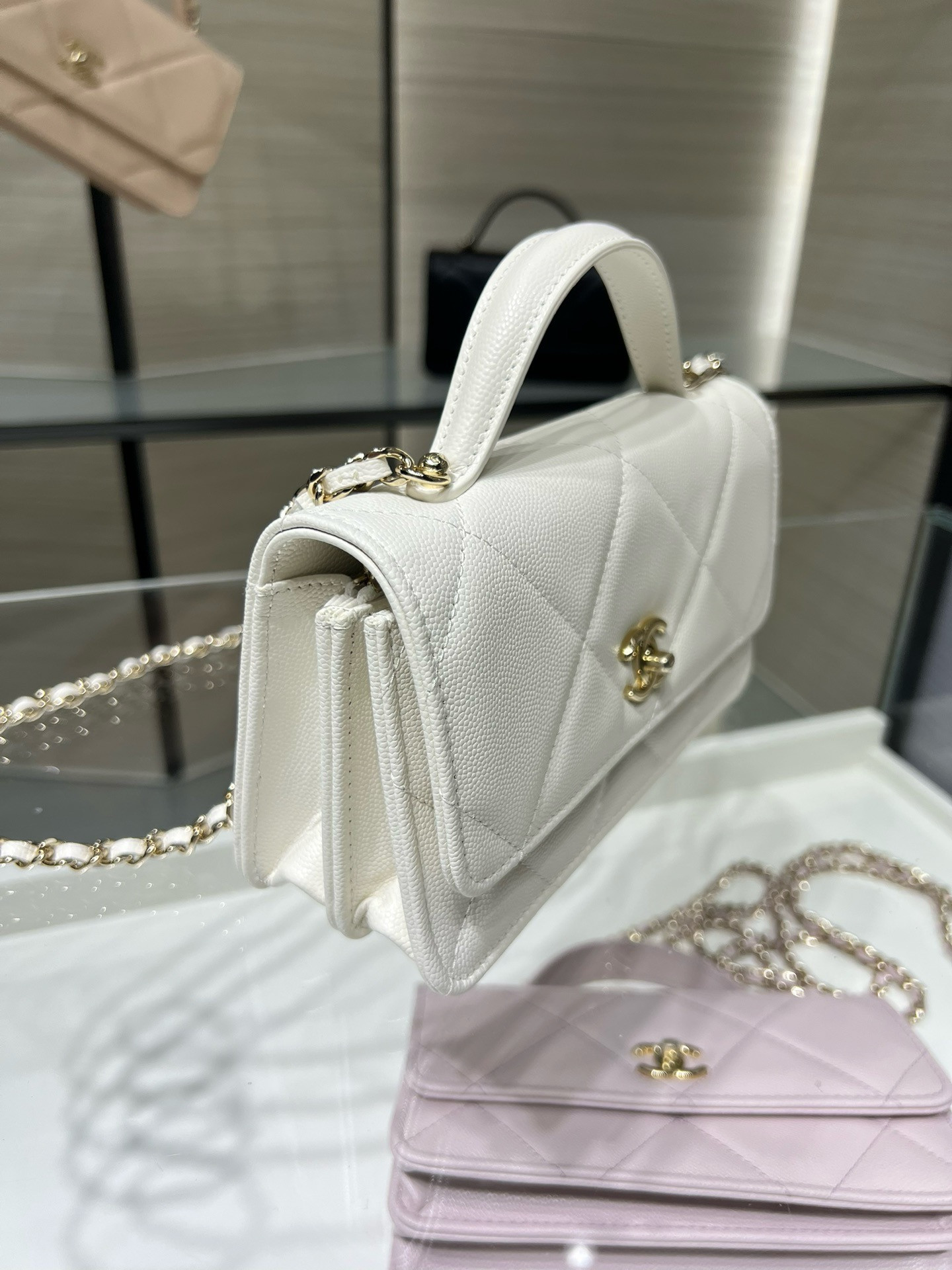 Ch**el flap bag with top handle wallet on chain 11x18.5x6cm