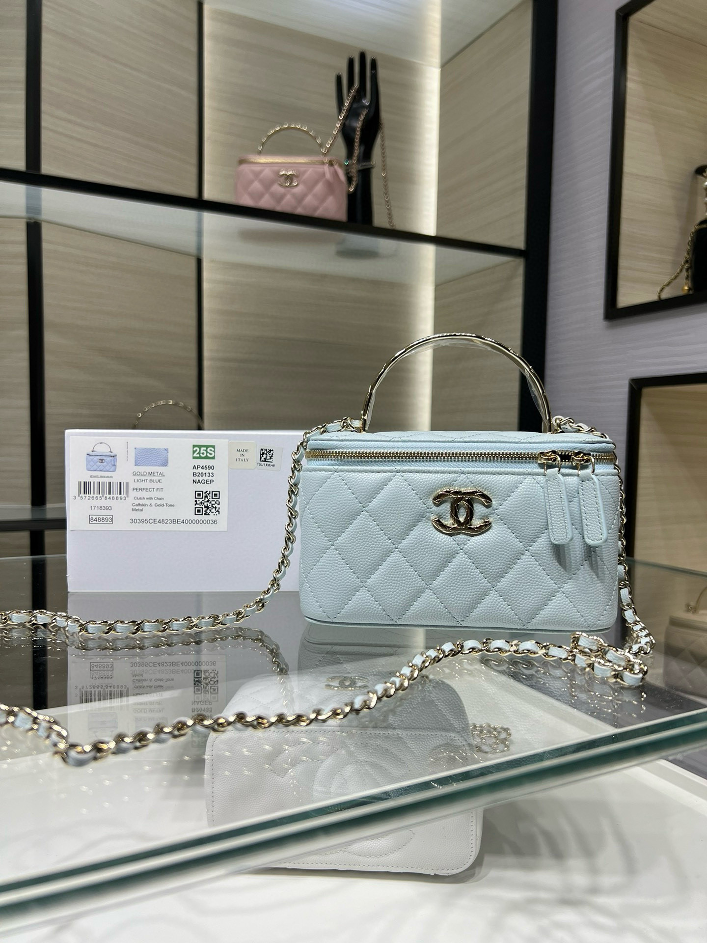 Ch**el clutch with chain light blue ap4590 17x9.5x8cm