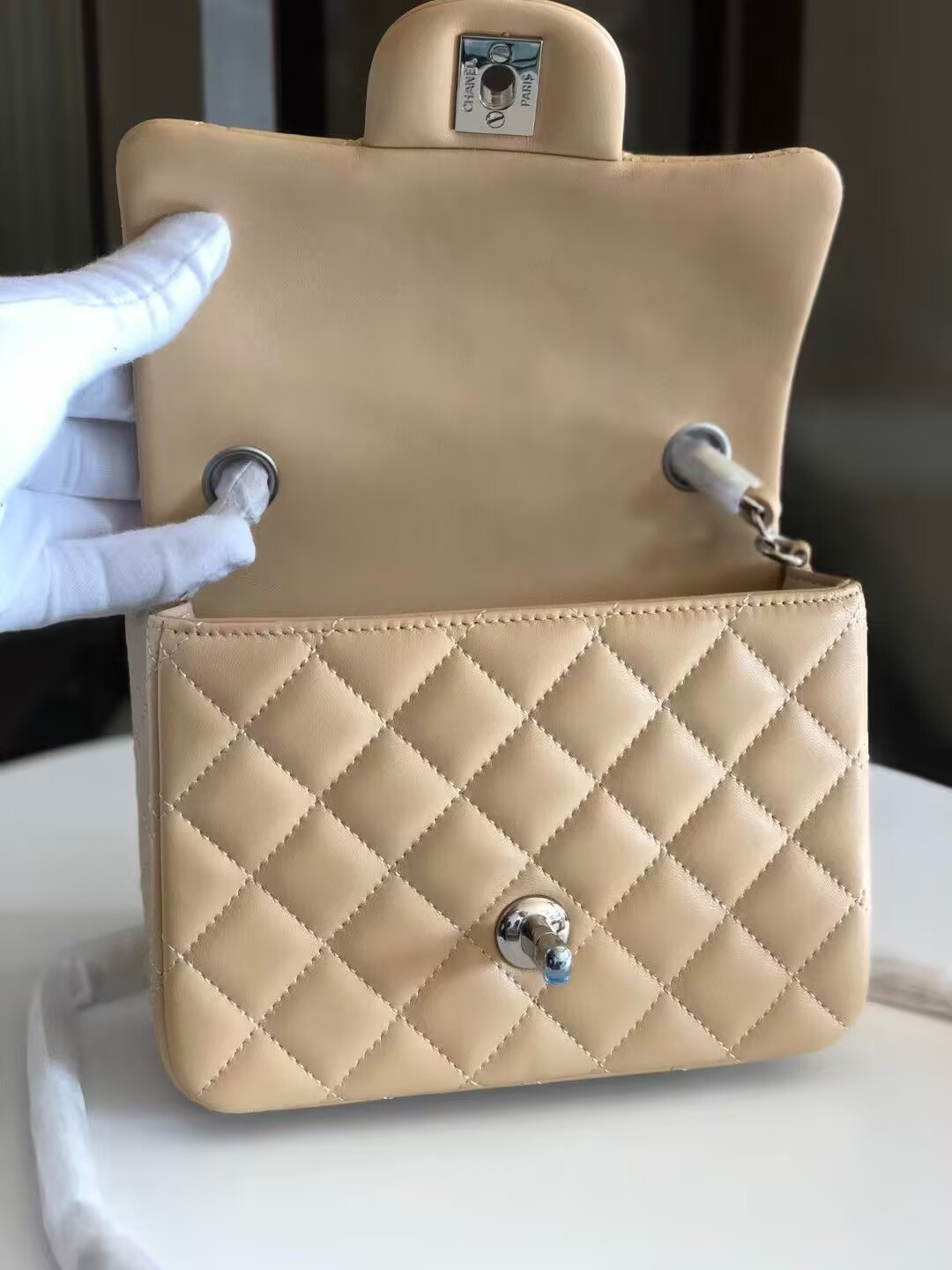 Ch**el Mini Classic Handbag Lambskin & Silver-Tone Metal 13.5x 17x8cm