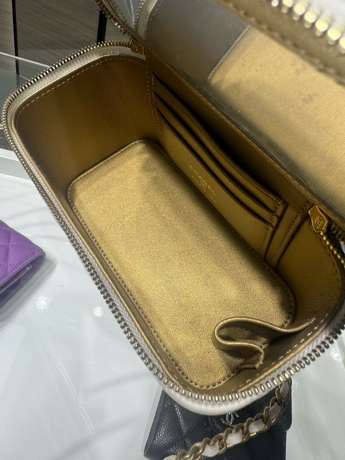 Ch**el Walnut Gold Ball Chain with Makeup Mirror Lamb Leather Square Box Shoulder Bag Women