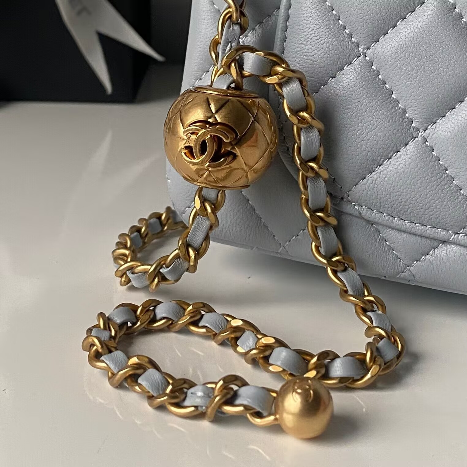 Ch**el MINI FLAP BAG SHINY CALFSKIN & gold-TONE METAL gray 4.7 × 7.8 × 2.3 in