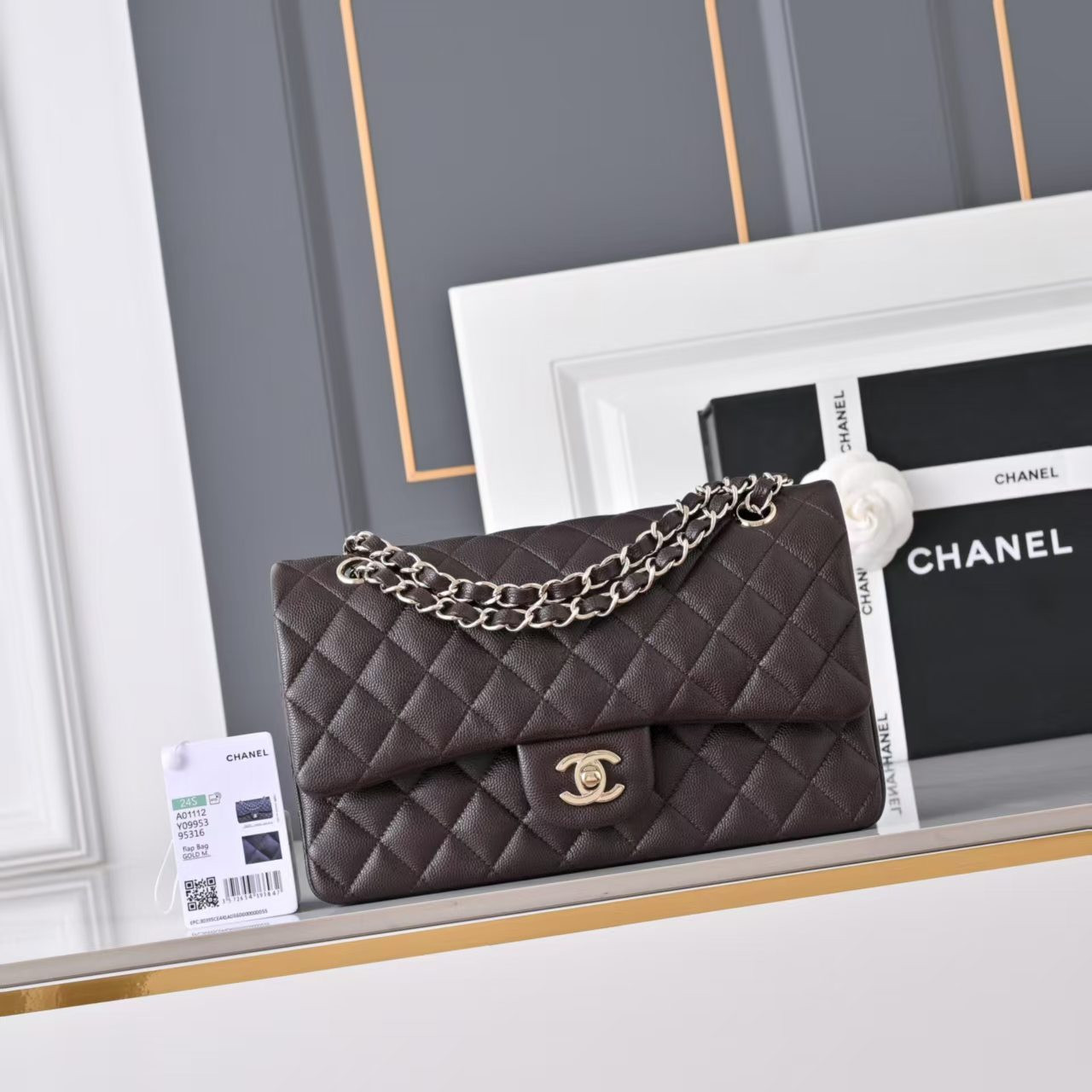 Ch**el classic flap coffee brown light gold hardware a01112 15.5×25.5×6.5cm