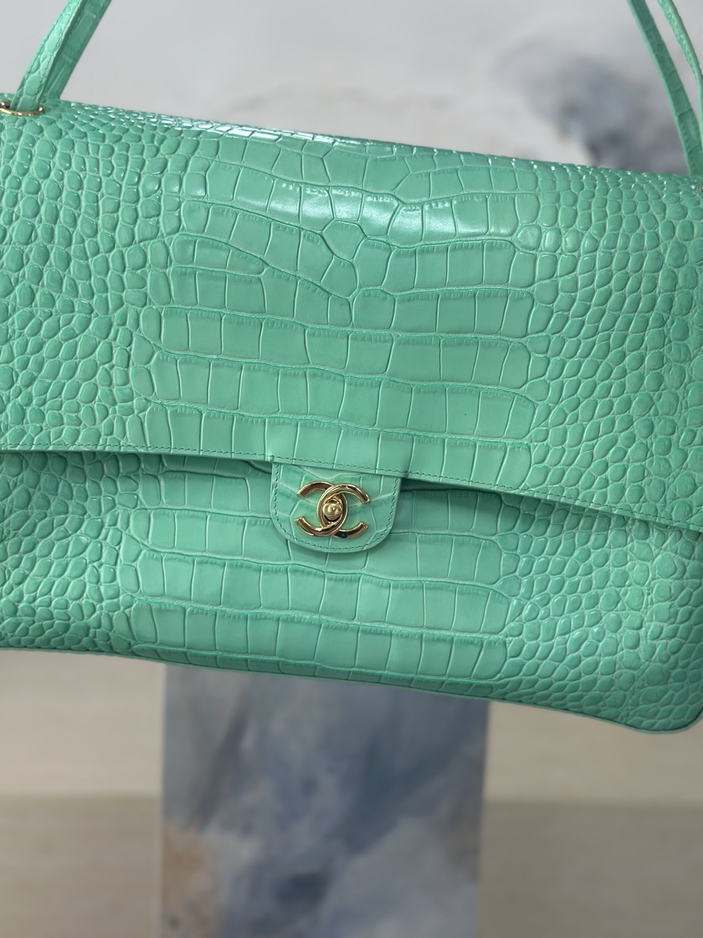 Ch**el Maxi Flap Bag Glacier Blue Gold hardware AS6233 26x38.5x11cm