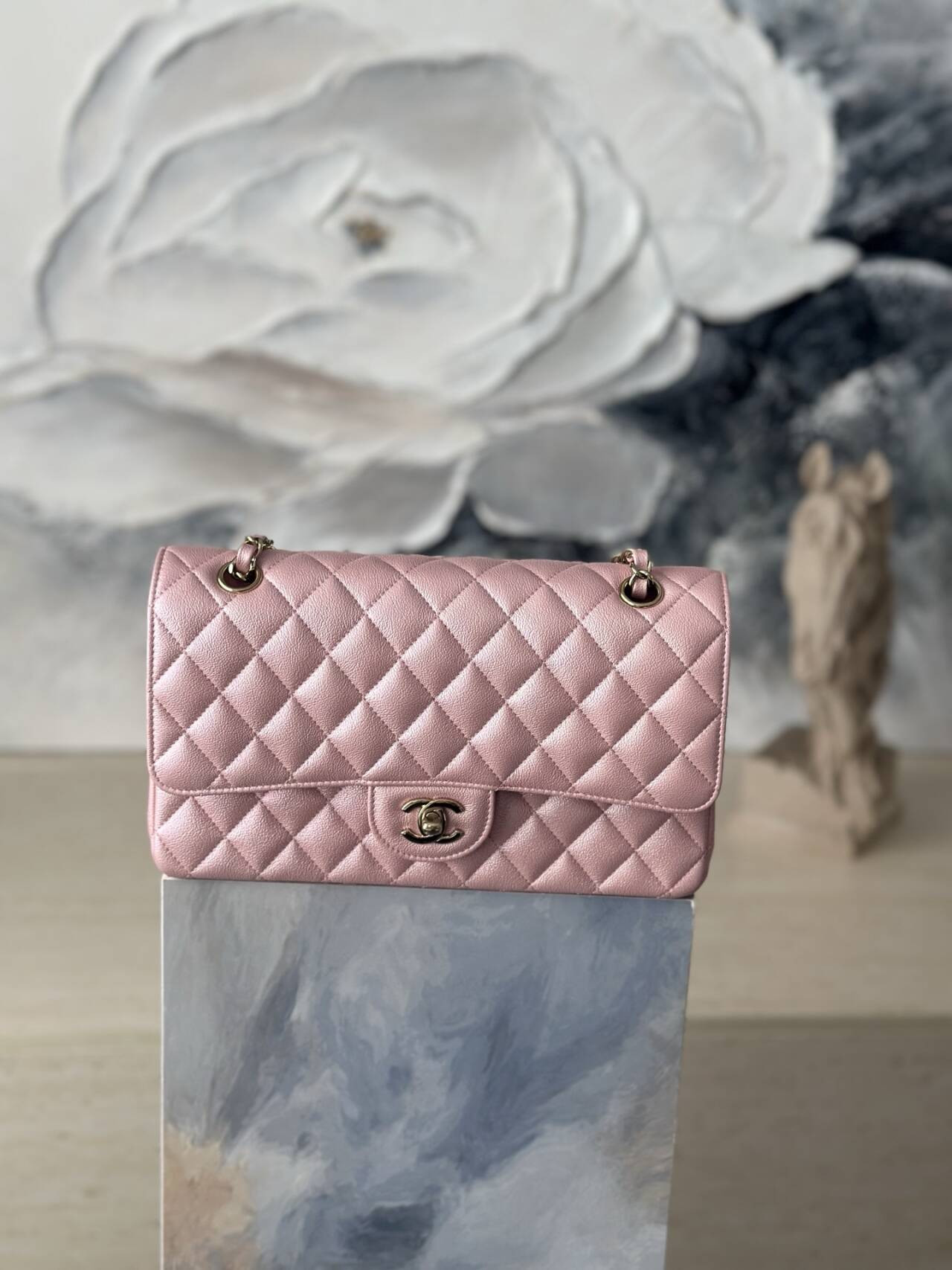 Ch**el Flap Bag Pearlescent Pink AS1112 25.5x15x6cm