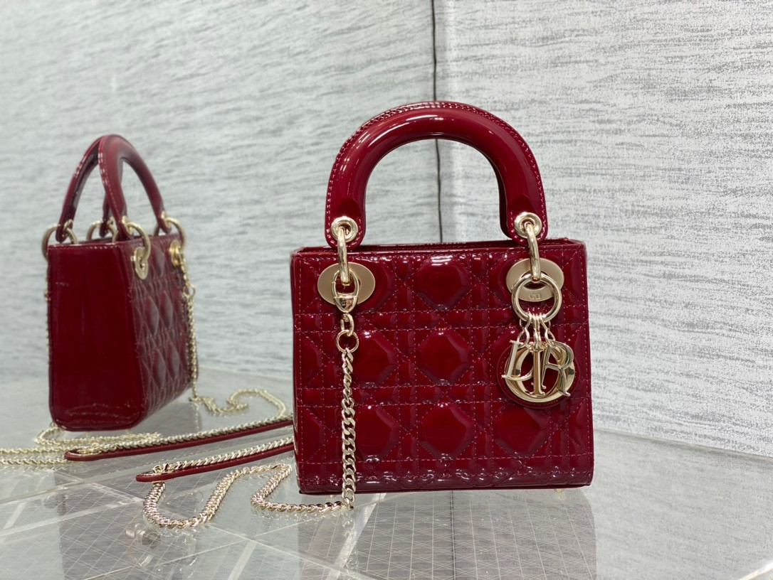 Mini Lady D10r Bag  Cherry Red Patent Cannage Calfskin 6.5 x 6 x 3 inches