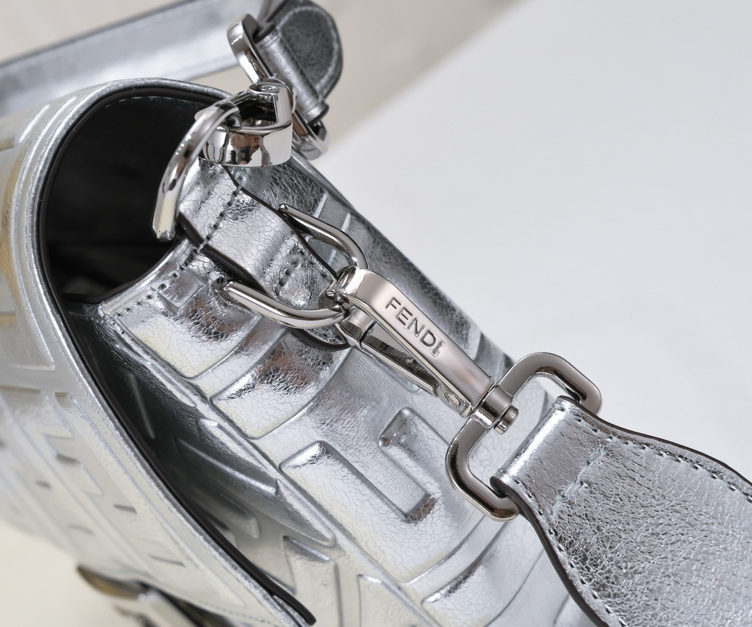 F**di Baguette Phone Pouch Craquelé silver leather pouch 26x6x15cm