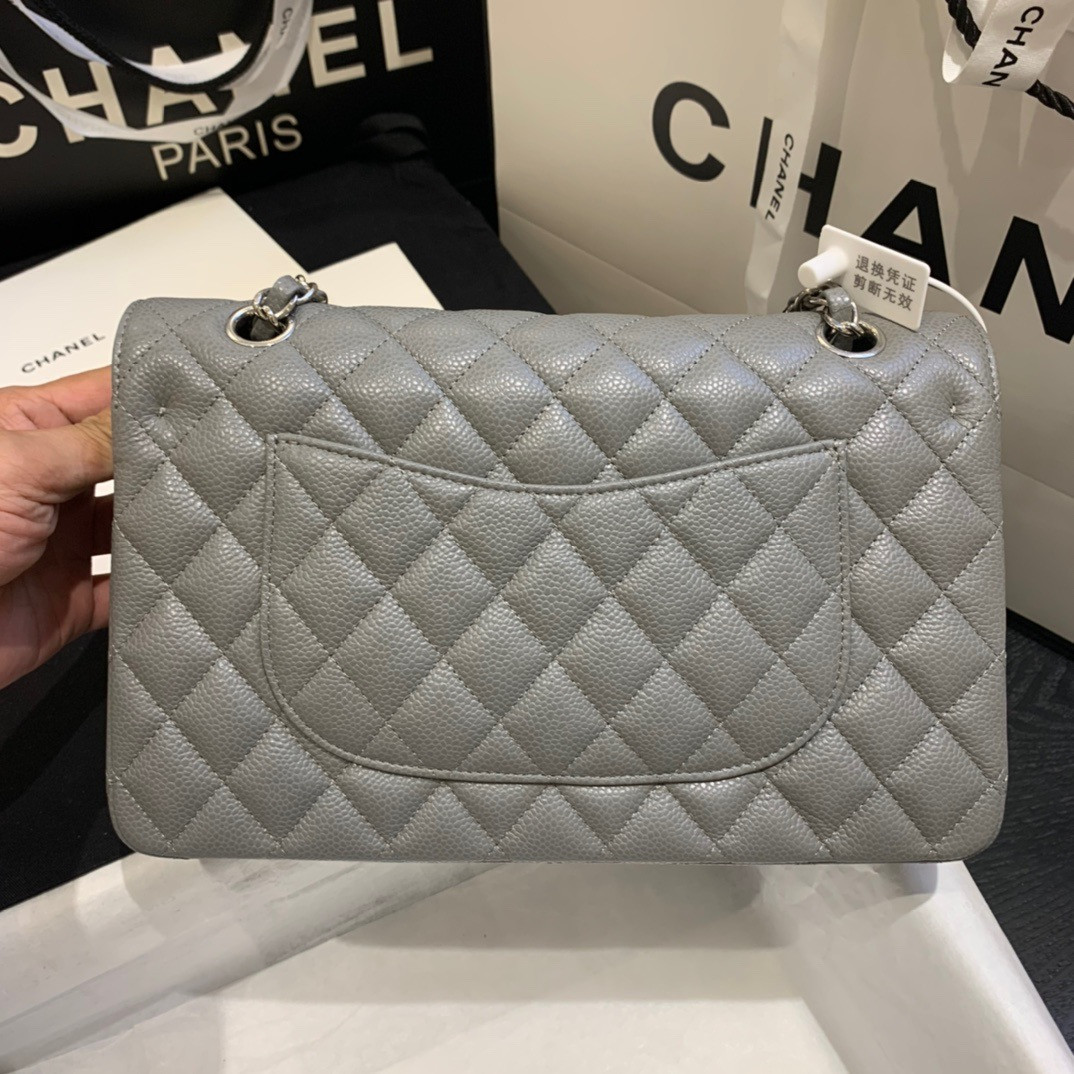 Ch**el Classic Handbag in Grained Litchi Pattern Calfskin & Silver-Tone Metal, Gray 6 × 9.9 × 2.5 inches