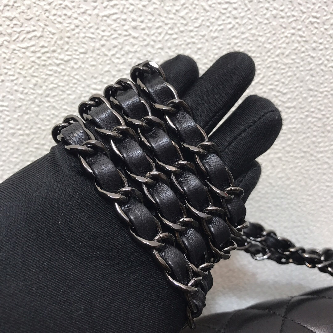 Ch**el CRUMPLED CALFSKIN QUITED DOUBLE FLAP BLACK  15.5x25.5x6.5cm