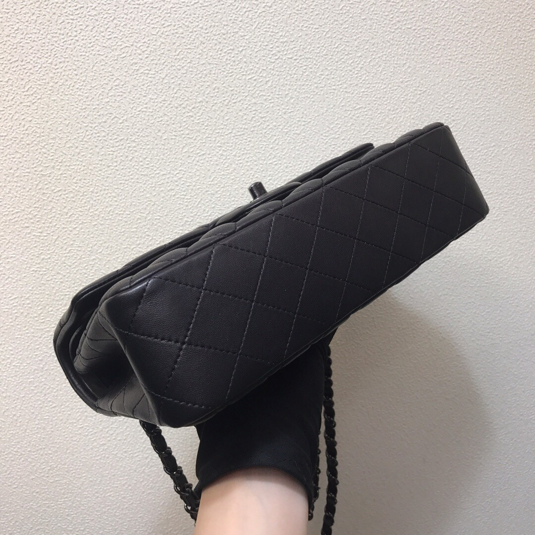 Ch**el CRUMPLED CALFSKIN QUITED DOUBLE FLAP BLACK  15.5x25.5x6.5cm