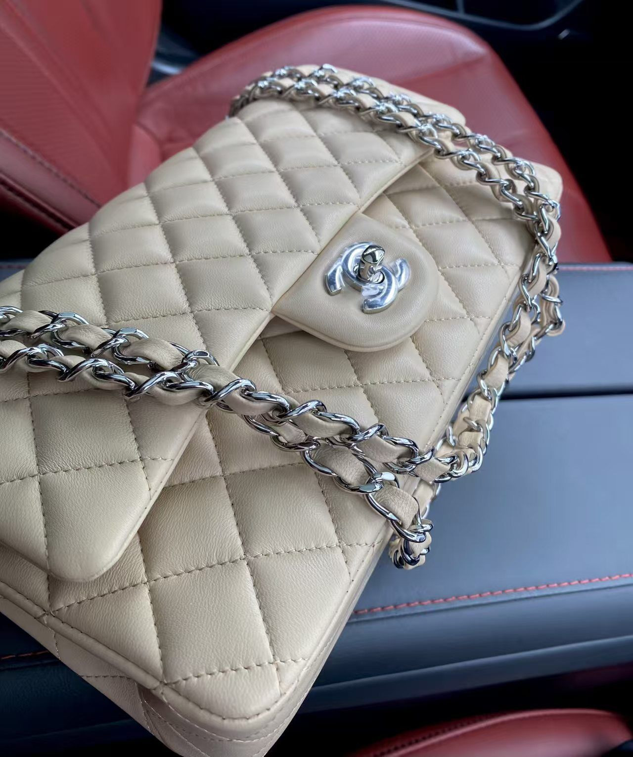 Ch**el Classic Flap Jumbo 25cm CF Khaki Silver 15.5x25.5x6.5cm