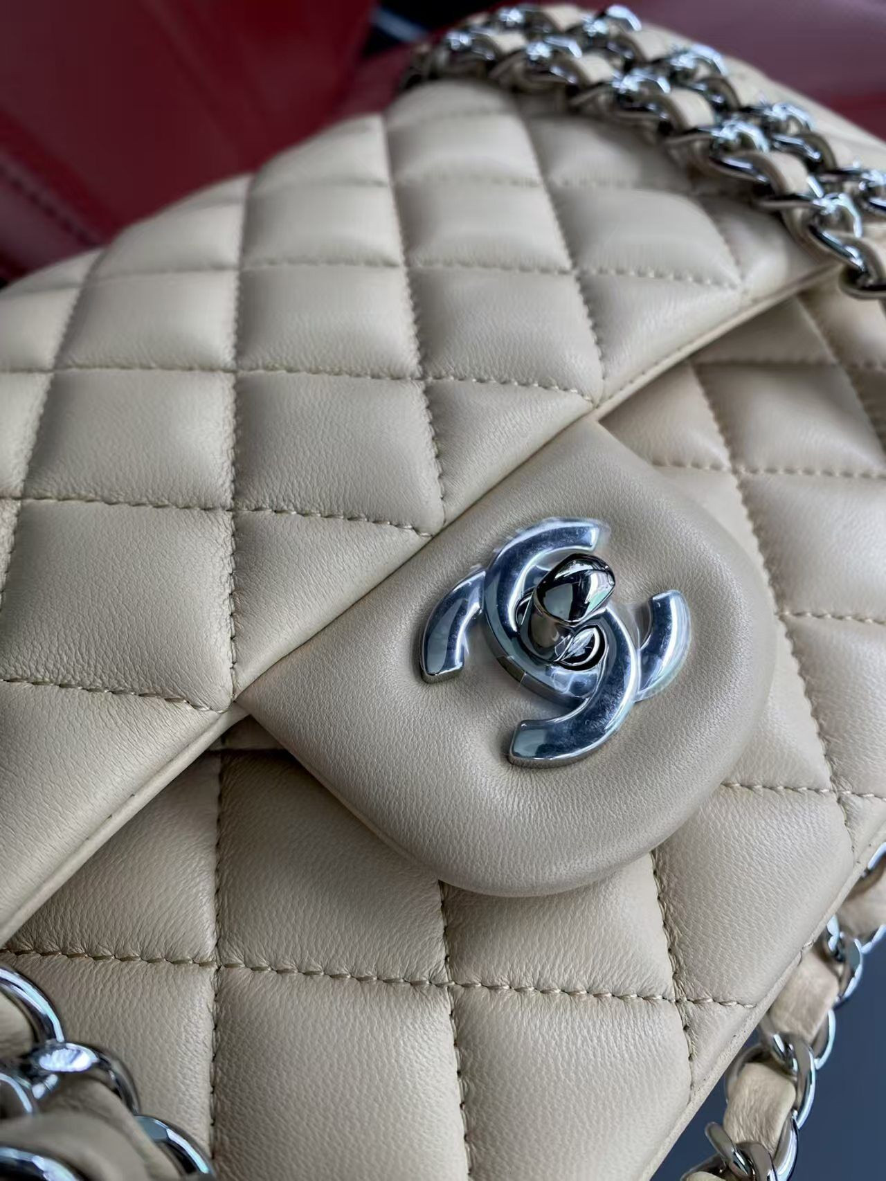 Ch**el Classic Flap Jumbo 25cm CF Khaki Silver 15.5x25.5x6.5cm