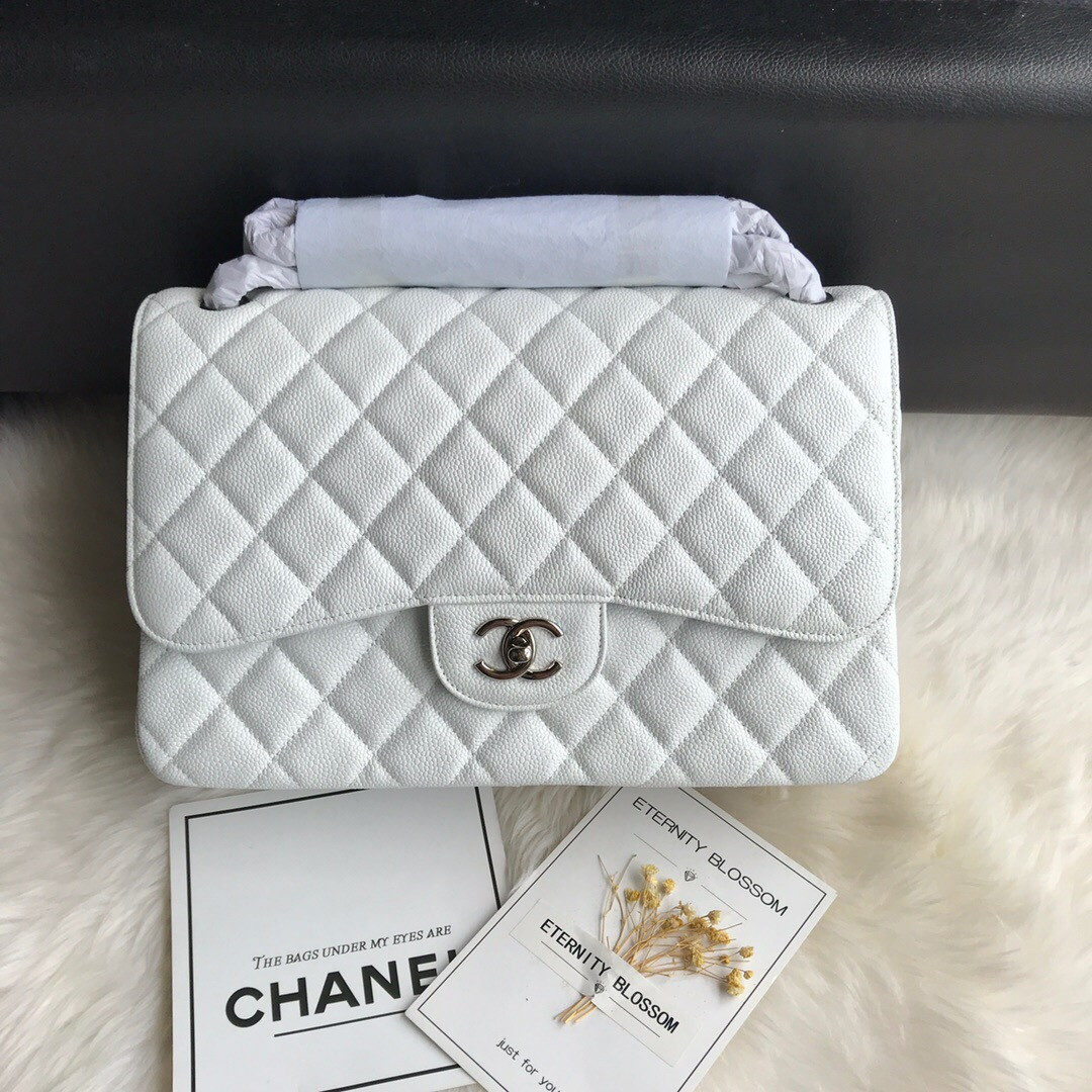 Ch**el Classic Flap Jumbo 30cm CF White Silver 7.6 × 11.7 × 3.9 in