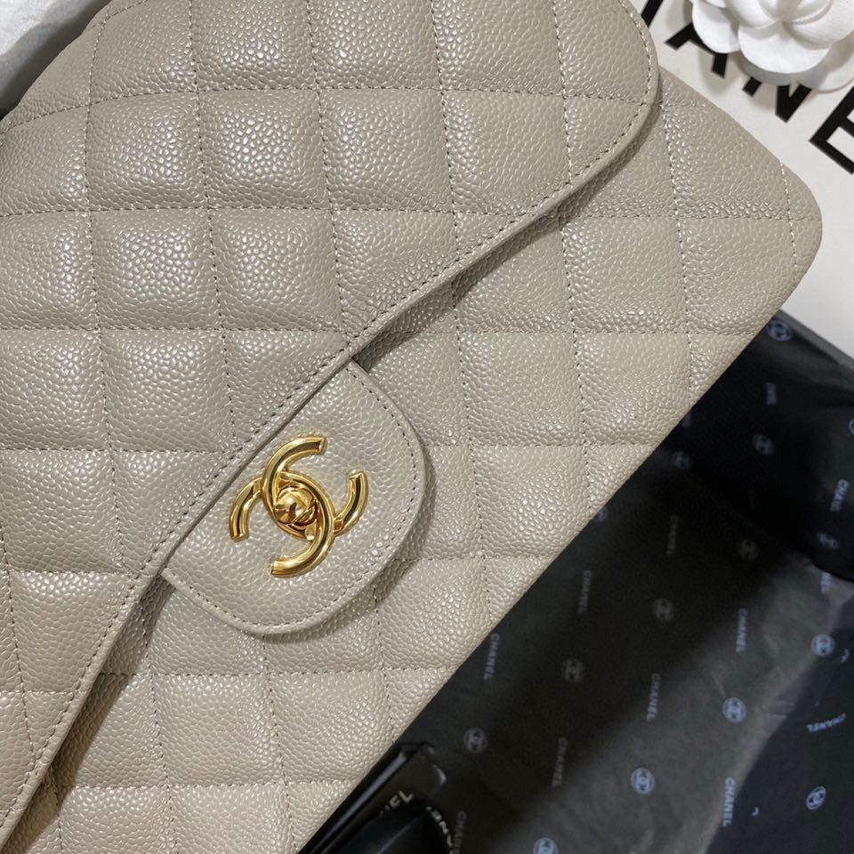 Ch**el Classic Flap Jumbo 30cm CF Grey Gold 7.6 × 11.7 × 3.9 in