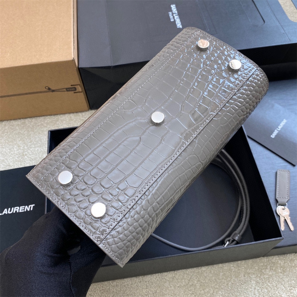 Y51 SAC DE JOUR NANO IN CROCODILE EMBOSSED LEATHER DARK GREY 8.6 X 6.8 X 3.5 INCHES