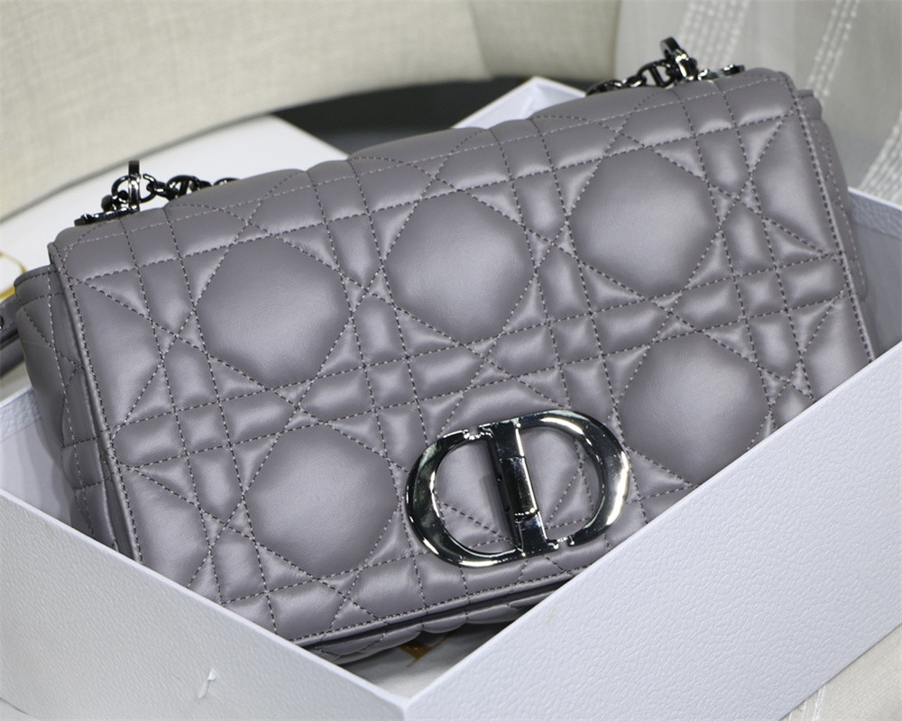 LARGE D10r CARO BAG Stone Gray S*pple Cannage Calfskin With Silver Hardware 29 x 18 x 10 cm