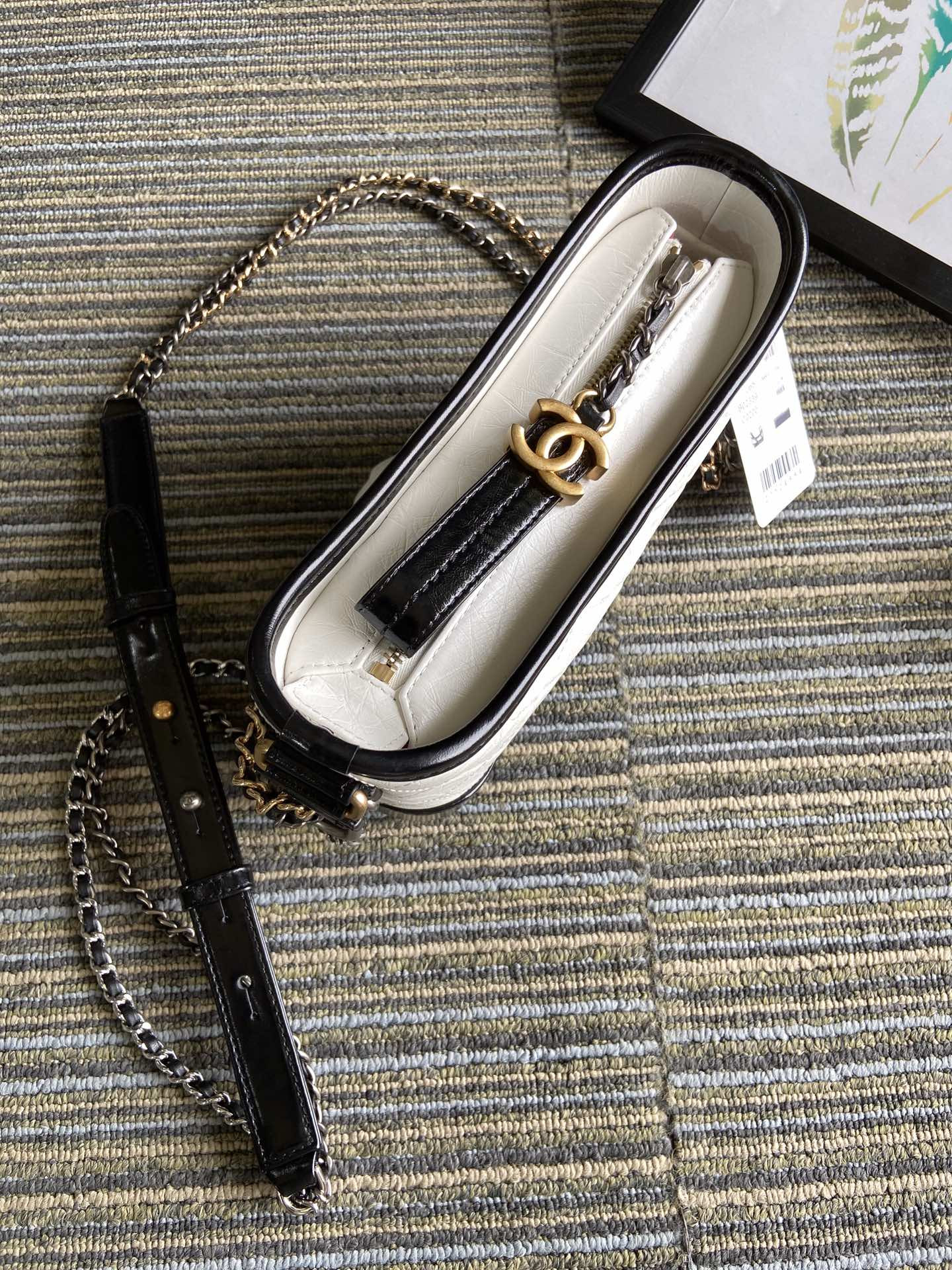 Ch**el Gabrielle SMALL WHITE BLACK with shoulder strap letters 20 x 15 x 8cm