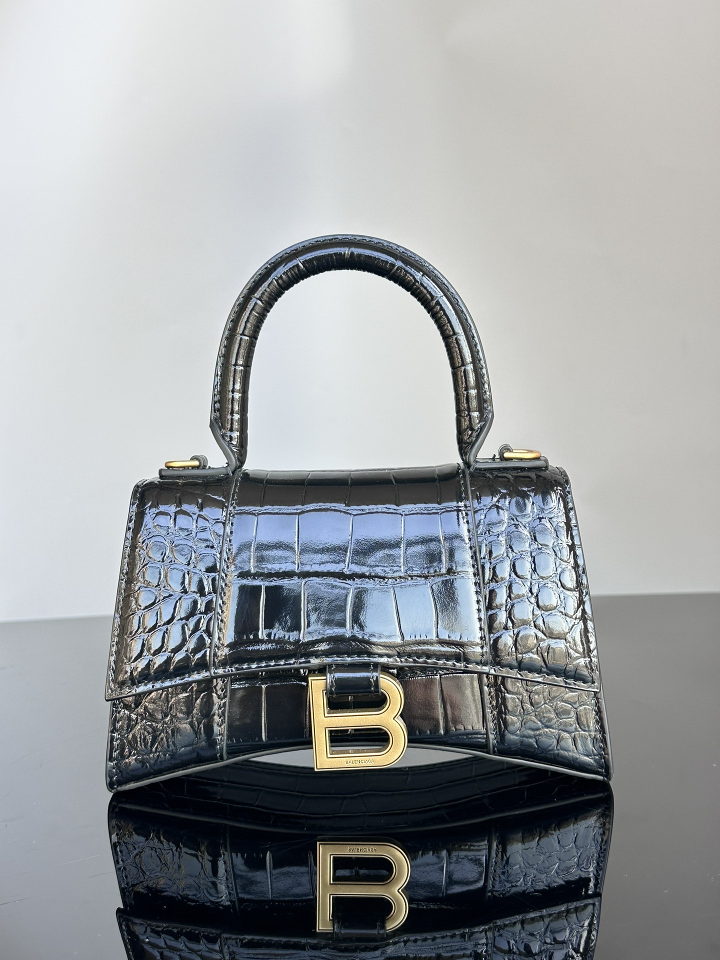 Ba1en*iaga WOMEN'S HOURGLASS MINI HANDBAG CROCODILE EMBOSSED IN BLACK  L7.4 x H5.1 x W3.1 inch
