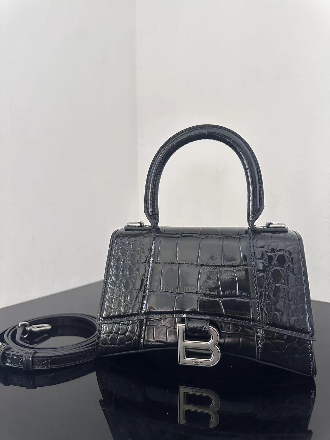 Ba1en*iaga WOMEN'S HOURGLASS MINI HANDBAG CROCODILE EMBOSSED IN BLACK WITH SILVER HARDWARE L7.4 x H5.1 x W3.1 inch