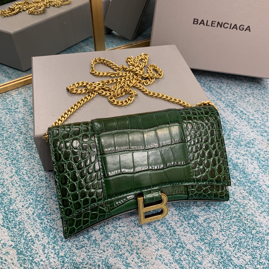 Ba1en*iaga WOMEN'S HOURGLASS WALLET ON CHAIN CROCODILE EMBOSSED IN FOREST GREEN  L7.6 x H4.7 x W1.9 inch