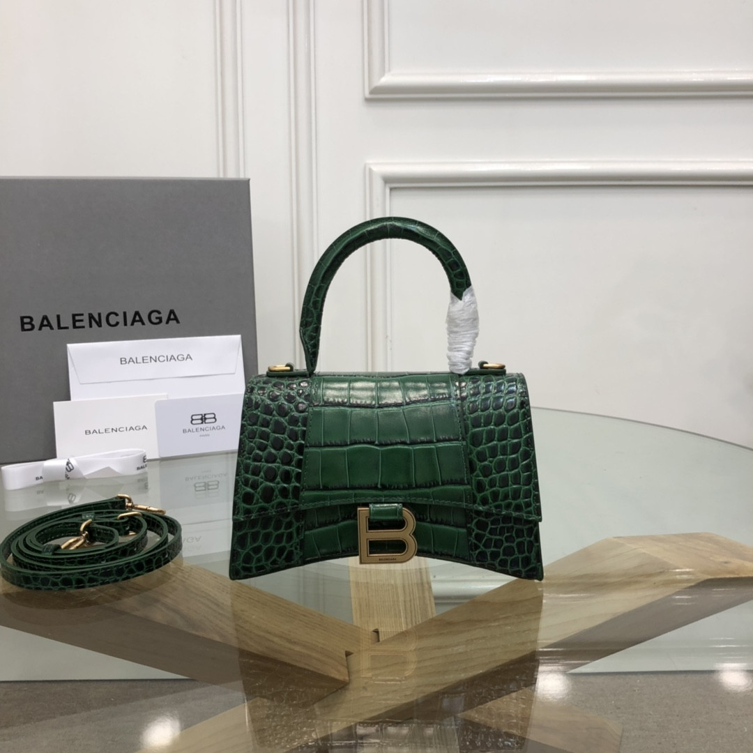 Ba1en*iaga WOMEN'S HOURGLASS MINI HANDBAG CROCODILE EMBOSSED IN GREEN L7.4 x H5.1 x W3.1 inch