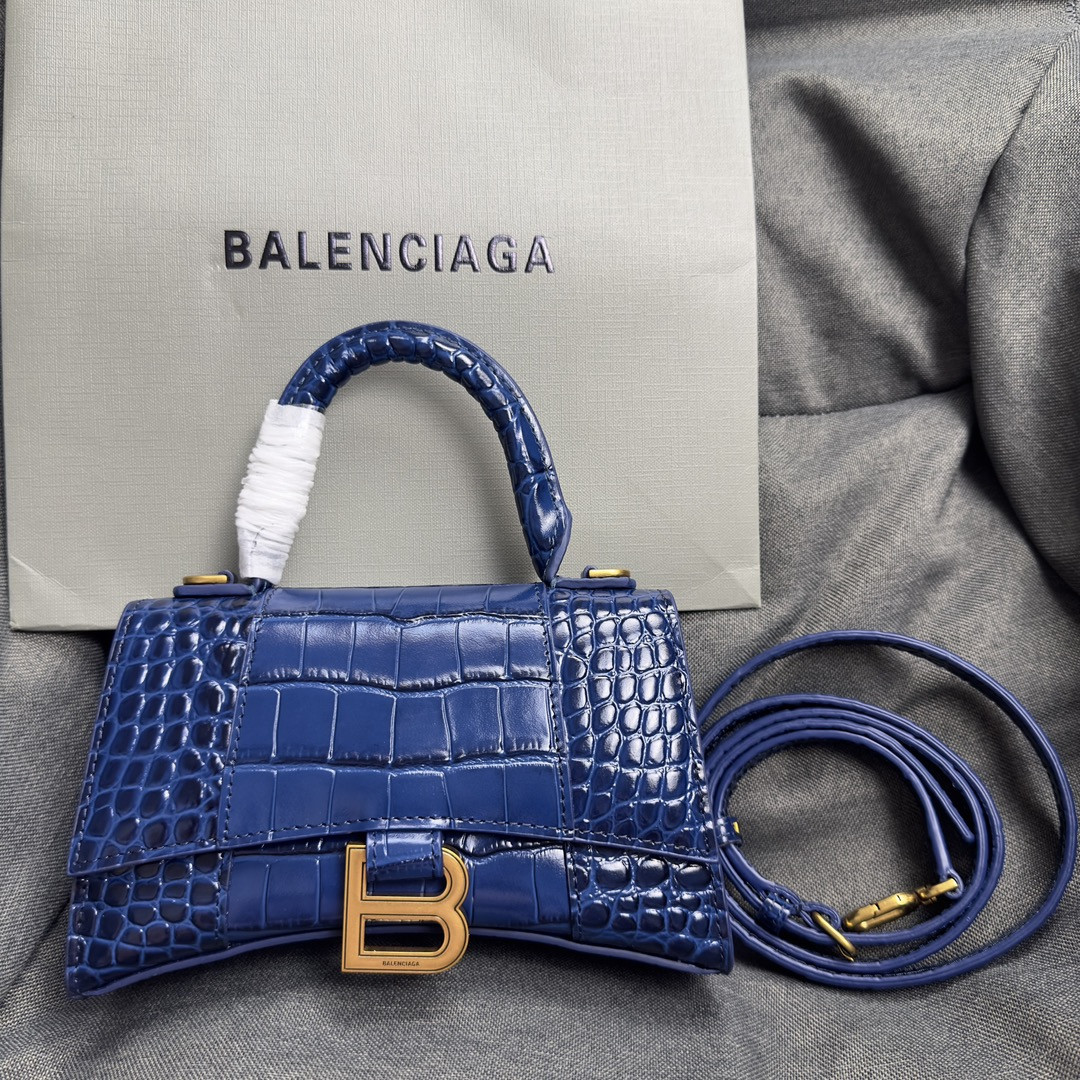 Ba1en*iaga WOMEN'S HOURGLASS MINI HANDBAG CROCODILE EMBOSSED IN NAVY L7.4 x H5.1 x W3.1 inch